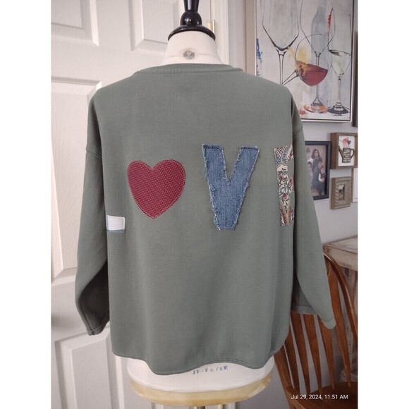 Custom Sweatshirt Upcycled OOAK Patchwork Peace Symbol Boho Cottage Prairie - Picture 6 of 10